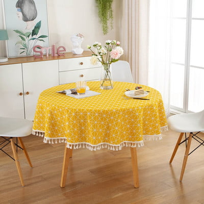 Obrus OKOLO Bavlnený ľanový obrus so strapcami, kockovaný okrúhly obrus, červený pruhovaný mriežkovaný stôl, mapa na stôl, svadobný obrus