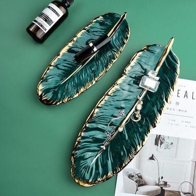 Луксозна керамична тава за съхранение с ръб Glod Green Leaf Glod Feather бижута Съхранение на четка за грим Декоративна чиния за суши