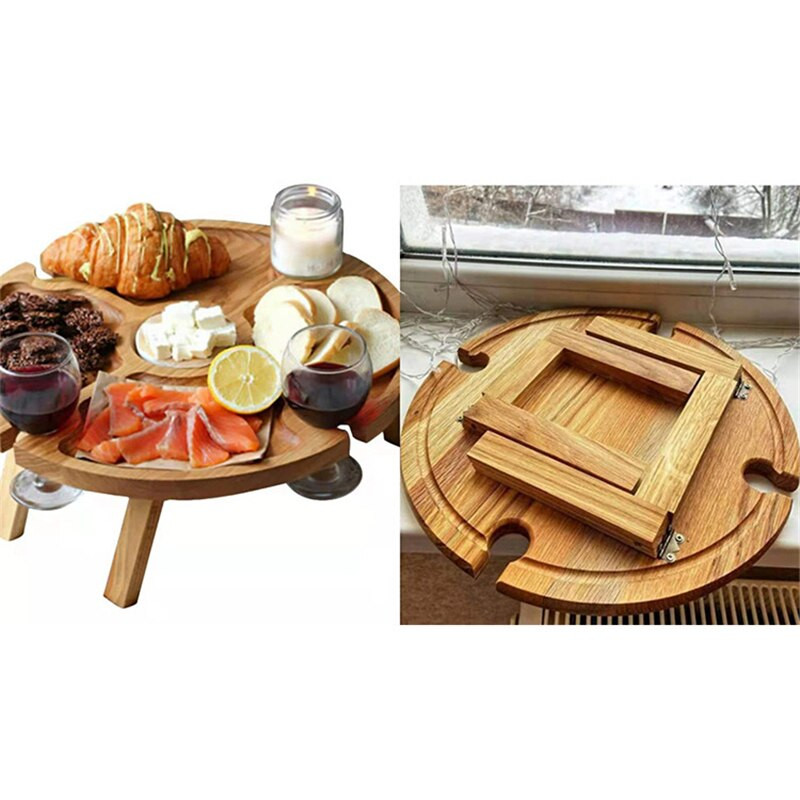 Puidust väljas kokkupandav piknikulaud klaasist tassihoidjaga Ümmargune kokkupandav kirjutuslaud veiniklaasiriiuliga kokkupandav laud aiapeo jaoks