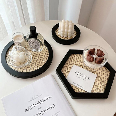 Dekoratív tálca Kenyérkosár Tálaló tálca Szervezők Tárolás Nordic Home Decor Rattan Tálca Asztal Parfüm Gyertyatartó állvány