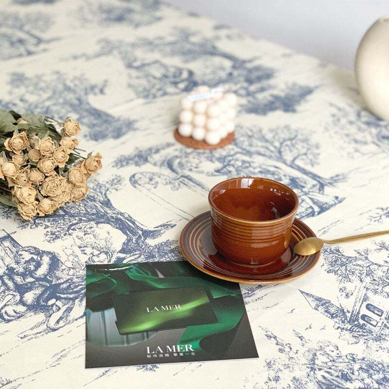 Rustikálny obrus, klasický francúzsky dedinský modrý potlačený ľanový obrus, obdĺžnikový/podlhovastý, do kuchyne a jedálne TJ7005
