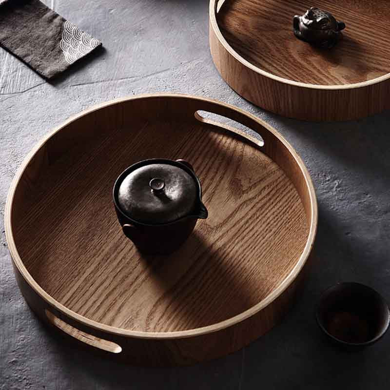Kerek tálaló bambusz fa tálca vacsoratálcákhoz Teásbár Reggeli Ételtartó Fogantyús Tárolótálca #1
