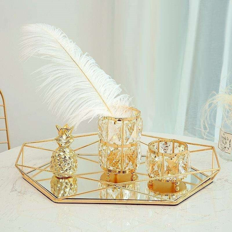 Placă de afișare pentru bijuterii din sticlă metalică europeană Tavă geometrică Oglindă Bijuterii din aur roz pentru depozitare Raft de decorare a vaselor