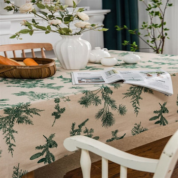 Покривка със зелен печат Памучно бельо Правоъгълни птици и растения Покривка за маса Декорация на маси за трапезария-градина-кухня