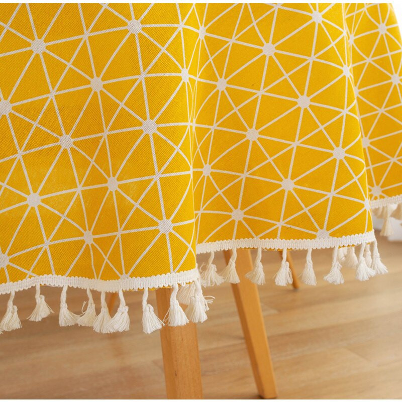 Korejski pamučni laneni žuti karirani okrugli stolnjak s resicama za stoliće za kavu Pokrivač stola Okrugli stolnjak