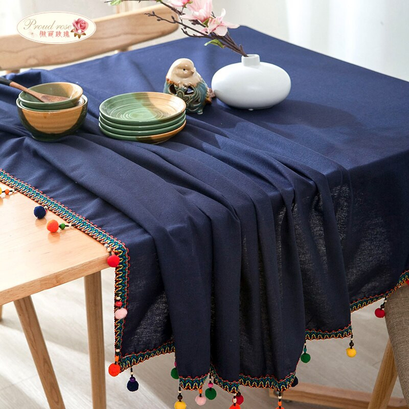 Obrusy Proud Rose Navy Blue Tafellaken z bavlny a ľanu, kreatívne strapcové obrusy, svadobná dekorácia