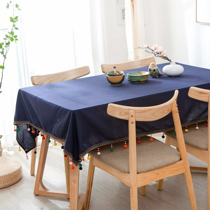 Obrusy Proud Rose Navy Blue Tafellaken z bavlny a ľanu, kreatívne strapcové obrusy, svadobná dekorácia