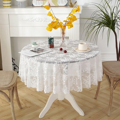 Čipkovaný kvetinový obrus, biely okrúhly obrus, čajový stolík, európsky štýl, vianočná svadobná dekorácia pre domácnosť, umývateľný obrus