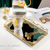 Oglindă din sticlă Farfurie cu fructe Tavă metalică Pătrată auriu Chenar ondulat cu goluri de birou Organizare pentru depozitare tacâmuri Tavă pentru depozitare cosmetice