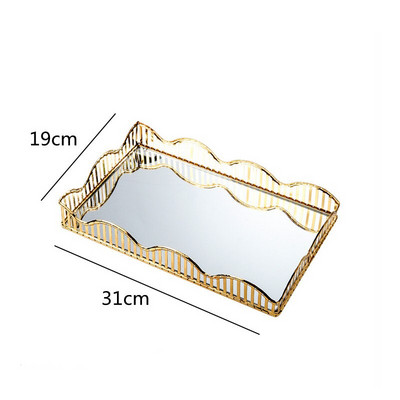 Oglindă din sticlă Farfurie cu fructe Tavă metalică Pătrată auriu Chenar ondulat cu goluri de birou Organizare pentru depozitare tacâmuri Tavă pentru depozitare cosmetice