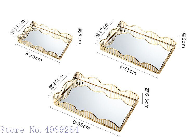 Oglindă din sticlă Farfurie cu fructe Tavă metalică Pătrată auriu Chenar ondulat cu goluri de birou Organizare pentru depozitare tacâmuri Tavă pentru depozitare cosmetice