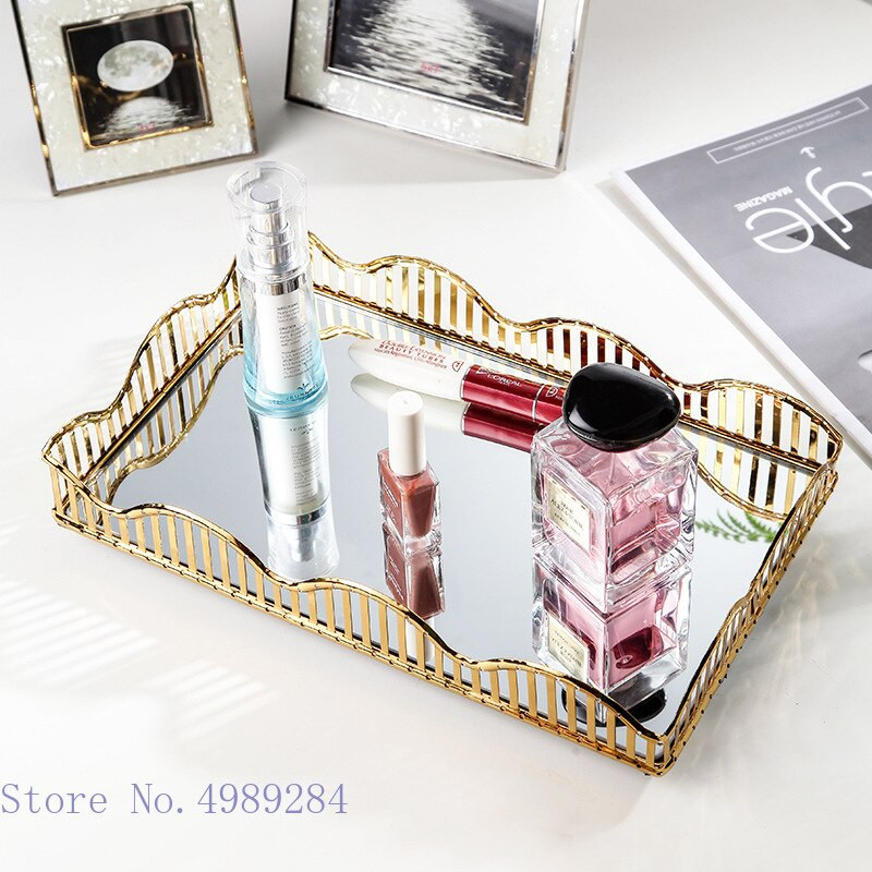 Oglindă din sticlă Farfurie cu fructe Tavă metalică Pătrată auriu Chenar ondulat cu goluri de birou Organizare pentru depozitare tacâmuri Tavă pentru depozitare cosmetice