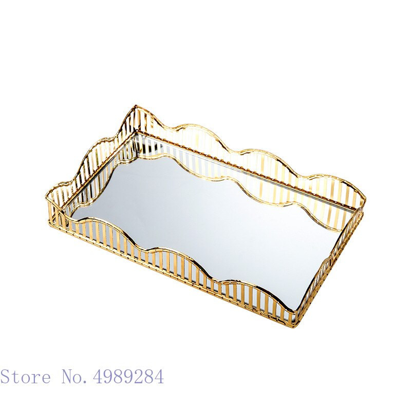 Oglindă din sticlă Farfurie cu fructe Tavă metalică Pătrată auriu Chenar ondulat cu goluri de birou Organizare pentru depozitare tacâmuri Tavă pentru depozitare cosmetice