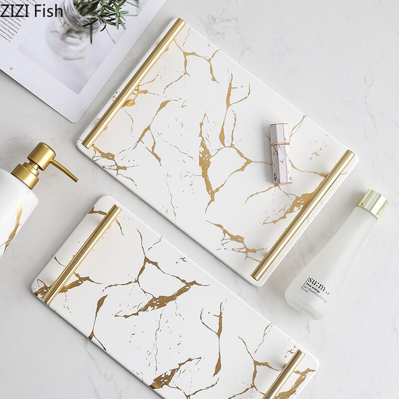 Auksinės marmurinės tekstūros padėklai Dekoratyvinės glazūruotos keramikos lėkštės Odos priežiūrai papuošalams laikymo lėkštės tualetinis staliukas vonios kambario padėklas