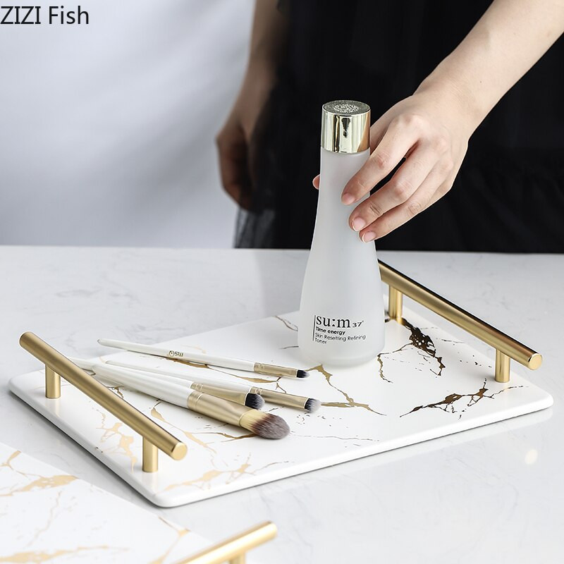 Auksinės marmurinės tekstūros padėklai Dekoratyvinės glazūruotos keramikos lėkštės Odos priežiūrai papuošalams laikymo lėkštės tualetinis staliukas vonios kambario padėklas