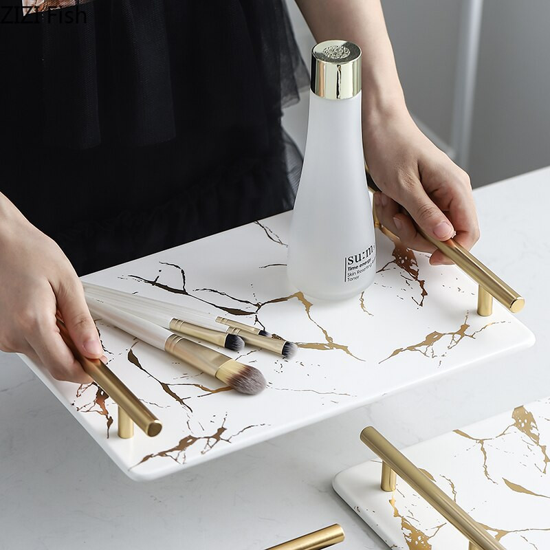 Auksinės marmurinės tekstūros padėklai Dekoratyvinės glazūruotos keramikos lėkštės Odos priežiūrai papuošalams laikymo lėkštės tualetinis staliukas vonios kambario padėklas