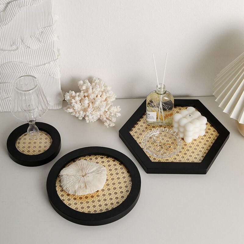 Tavă de depozitare bijuterii cosmetice țesute din ratan, cafea, ceai, desert, accesorii foto, ornament, tavă pentru chei, raft de depozitare pentru aromoterapie