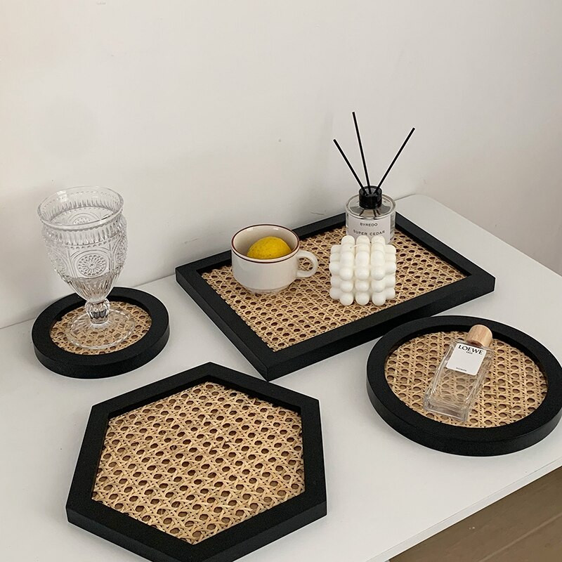 Tavă de depozitare bijuterii cosmetice țesute din ratan, cafea, ceai, desert, accesorii foto, ornament, tavă pentru chei, raft de depozitare pentru aromoterapie