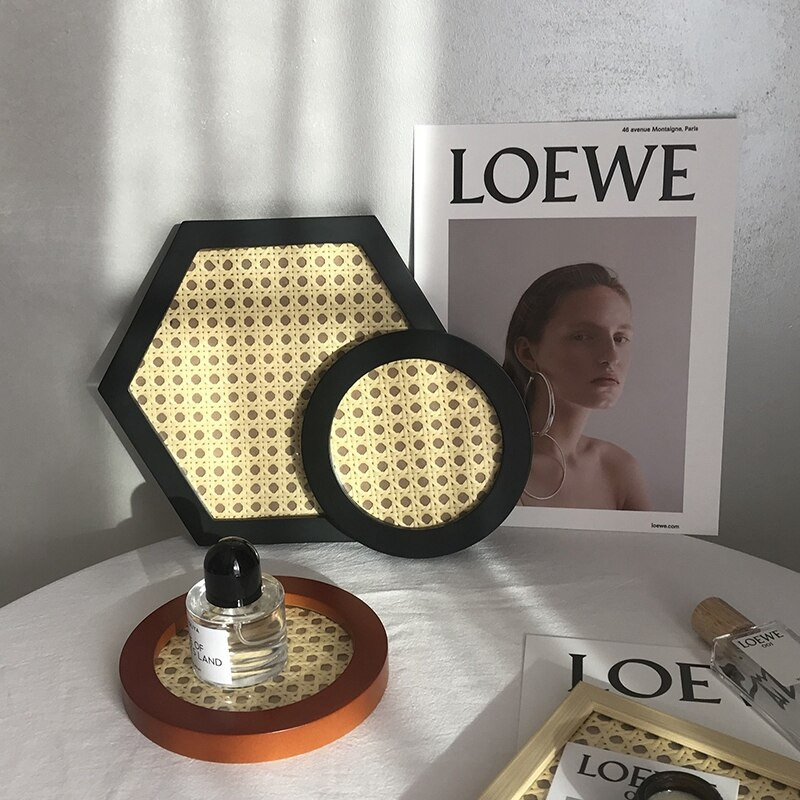 Tavă de depozitare bijuterii cosmetice țesute din ratan, cafea, ceai, desert, accesorii foto, ornament, tavă pentru chei, raft de depozitare pentru aromoterapie