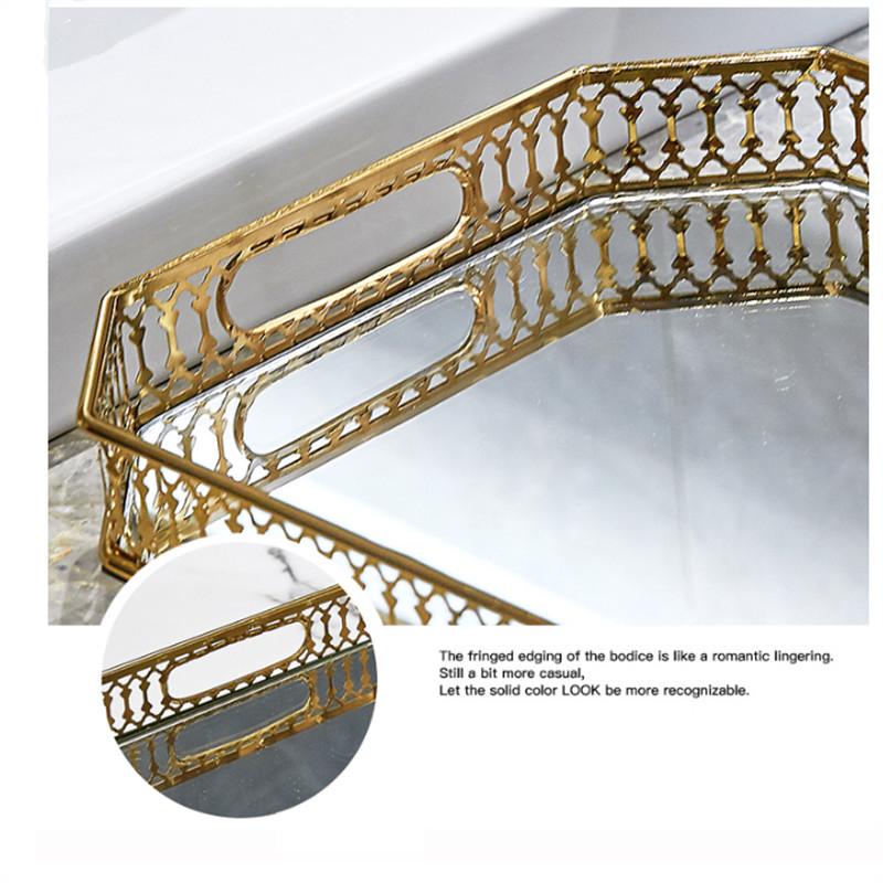 2021 m. europietiško stiliaus veidrodinis stiklas metalinis laikymo padėklas retro aukso spalvos stačiakampis apvalus vaisių padėklas darbastalio daiktų papuošalų ekranas