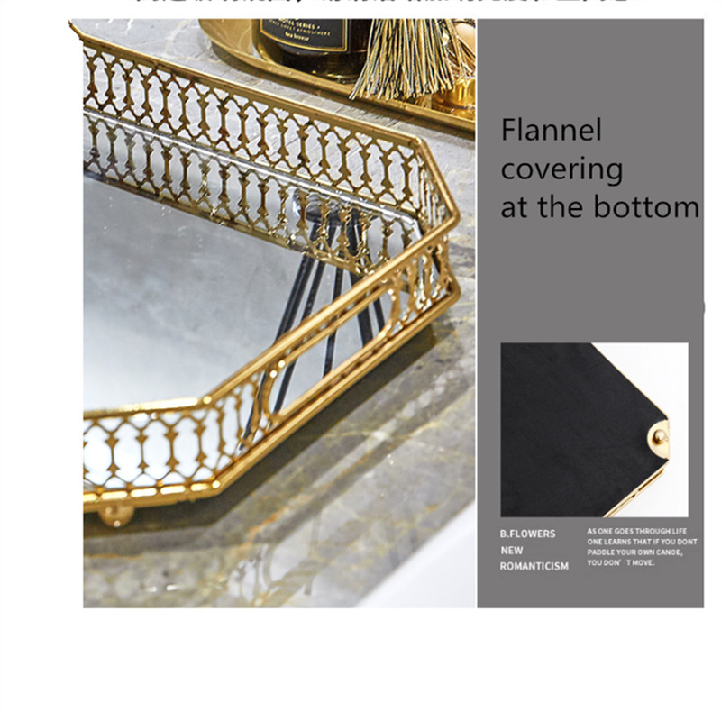 2021 m. europietiško stiliaus veidrodinis stiklas metalinis laikymo padėklas retro aukso spalvos stačiakampis apvalus vaisių padėklas darbastalio daiktų papuošalų ekranas