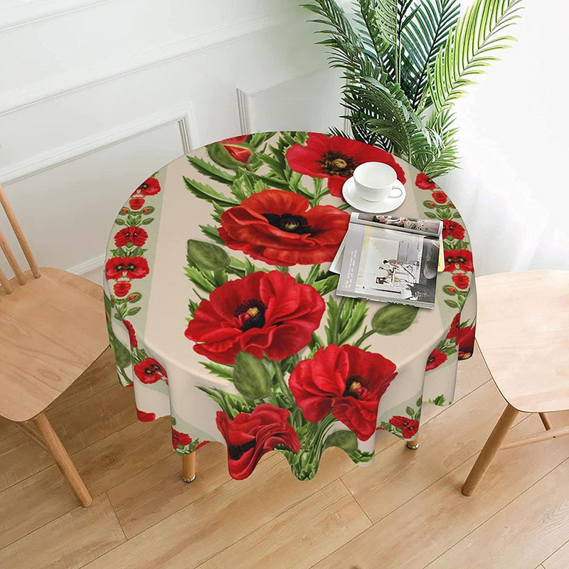Piros virág mákos kerek terítő Vastag asztalterítő Mosható asztaltakaró Asztalterítő konyhai ebédlő party asztali dekorációhoz
