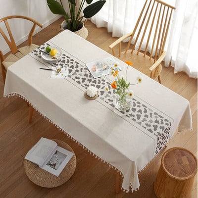 Kūrybiška dekoratyvi lininė staltiesė su kutais Atspari dulkėms, stora stačiakampė vestuvinio valgomojo stalo danga arbatos staltiesė