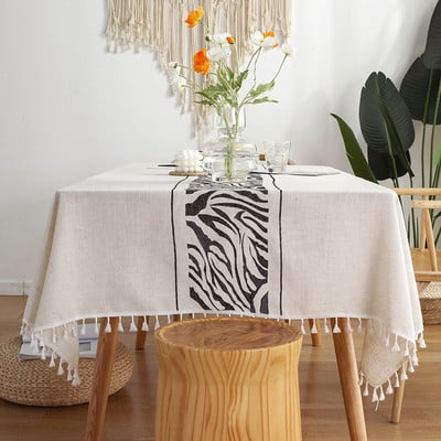 Kūrybiška dekoratyvi lininė staltiesė su kutais Atspari dulkėms, stora stačiakampė vestuvinio valgomojo stalo danga arbatos staltiesė