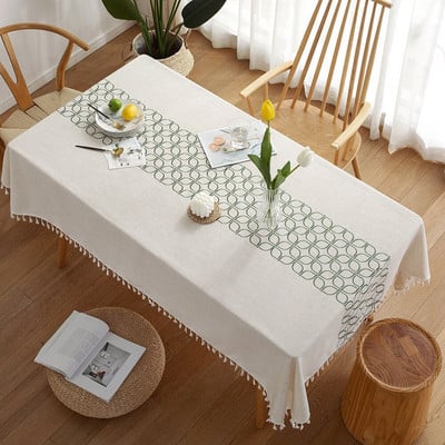 Kūrybiška dekoratyvi lininė staltiesė su kutais Atspari dulkėms, stora stačiakampė vestuvinio valgomojo stalo danga arbatos staltiesė