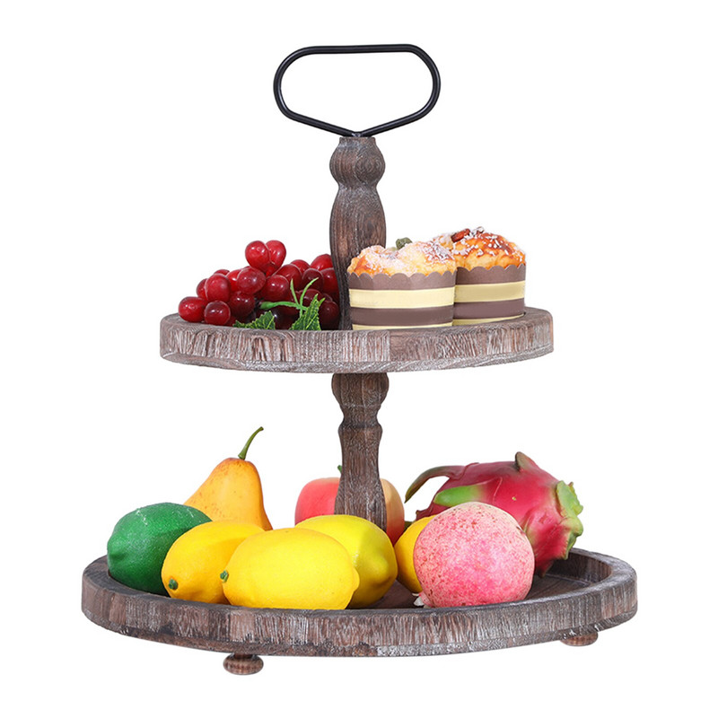 Višenamjenska radna ploča, pladanj na dvije razine, ukrasni organizator za doručak, drvo s ručkom za kuhinjsku trgovinu, voćni zalogaji kolačići