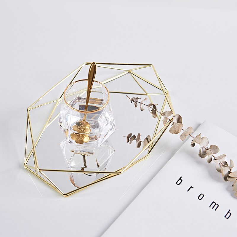 Винтидж Европейска цветна стъклена метална тава за съхранение Златна овална тава с точки Дисплей за бижута Малки предмети Огледало Чиния с плодове Настолен плот