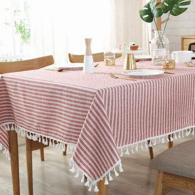CFen A's kvalitný jedálenský obrus, obdĺžnikový, bavlnený, ľanový, pruhovaný, s potlačou, strapce, domáci, kuchynský, banketový obrus, 1 ks