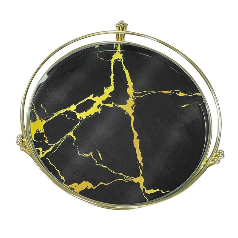 Crni mramorni pladanj s uzorkom ogledala Kreativni toaletni stolić Metalni okrugli tanjur Pladanj za pohranu Dekoracija dnevne sobe