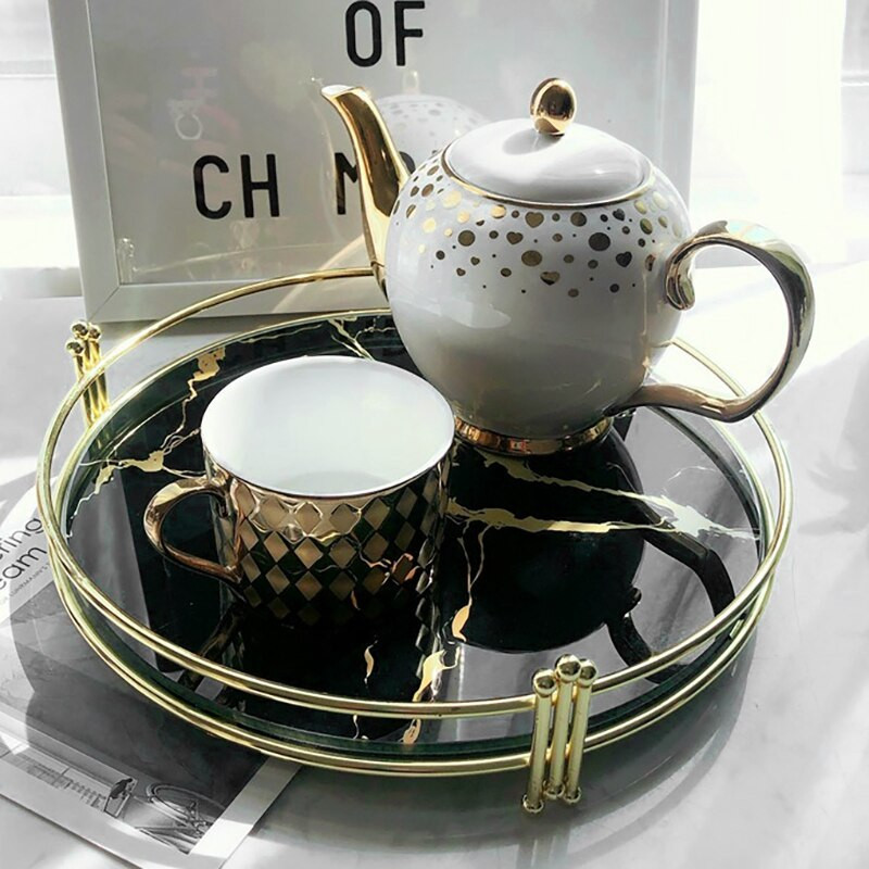 Crni mramorni pladanj s uzorkom ogledala Kreativni toaletni stolić Metalni okrugli tanjur Pladanj za pohranu Dekoracija dnevne sobe