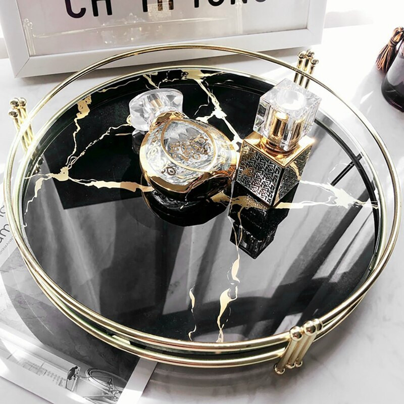 Crni mramorni pladanj s uzorkom ogledala Kreativni toaletni stolić Metalni okrugli tanjur Pladanj za pohranu Dekoracija dnevne sobe