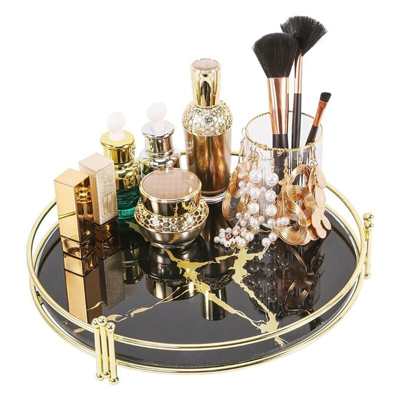 Crni mramorni pladanj s uzorkom ogledala Kreativni toaletni stolić Metalni okrugli tanjur Pladanj za pohranu Dekoracija dnevne sobe