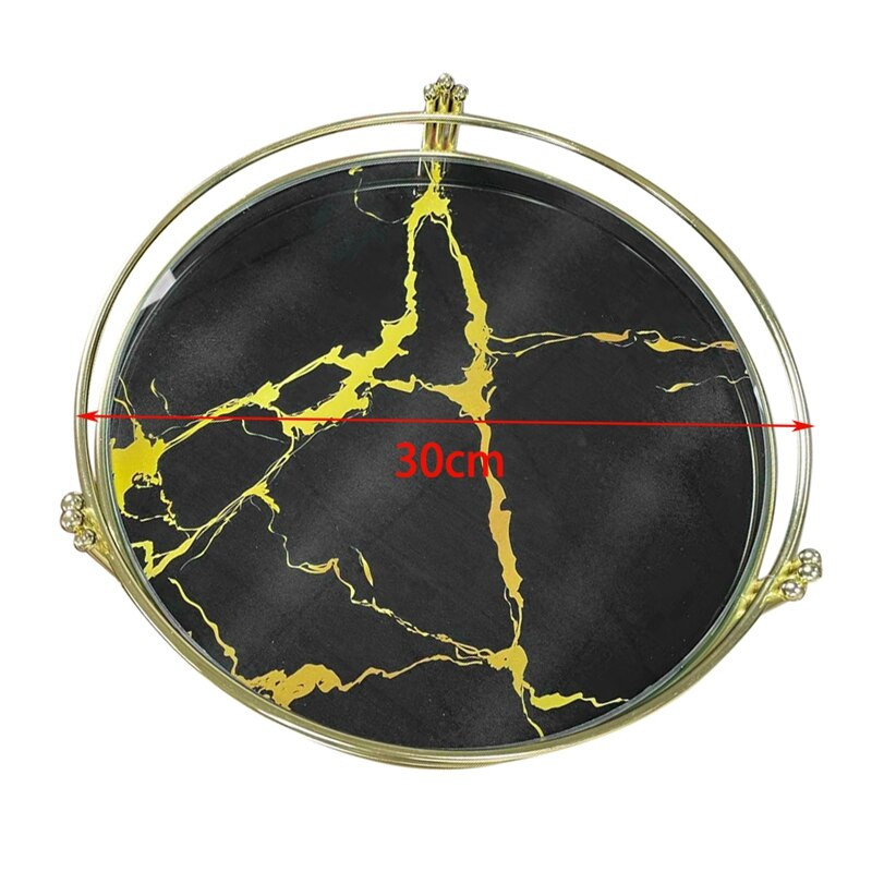 Crni mramorni pladanj s uzorkom ogledala Kreativni toaletni stolić Metalni okrugli tanjur Pladanj za pohranu Dekoracija dnevne sobe