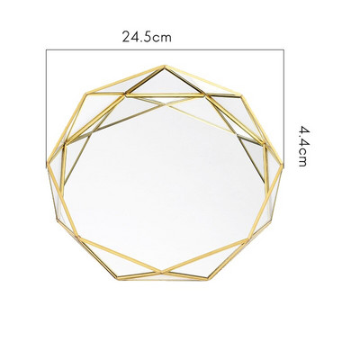 Vintage európsky sklenený kovový úložný tácok so zlatým geometrickým okrúhlym ovocným tanierom na stôl pre malé predmety a šperky