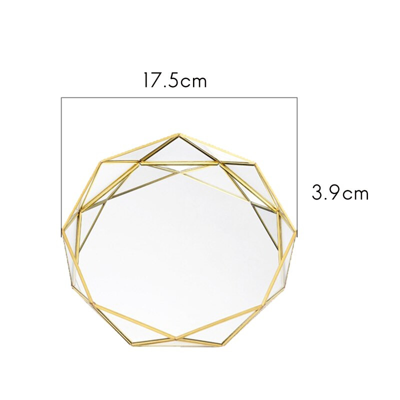 Vintage európsky sklenený kovový úložný tácok so zlatým geometrickým okrúhlym ovocným tanierom na stôl pre malé predmety a šperky
