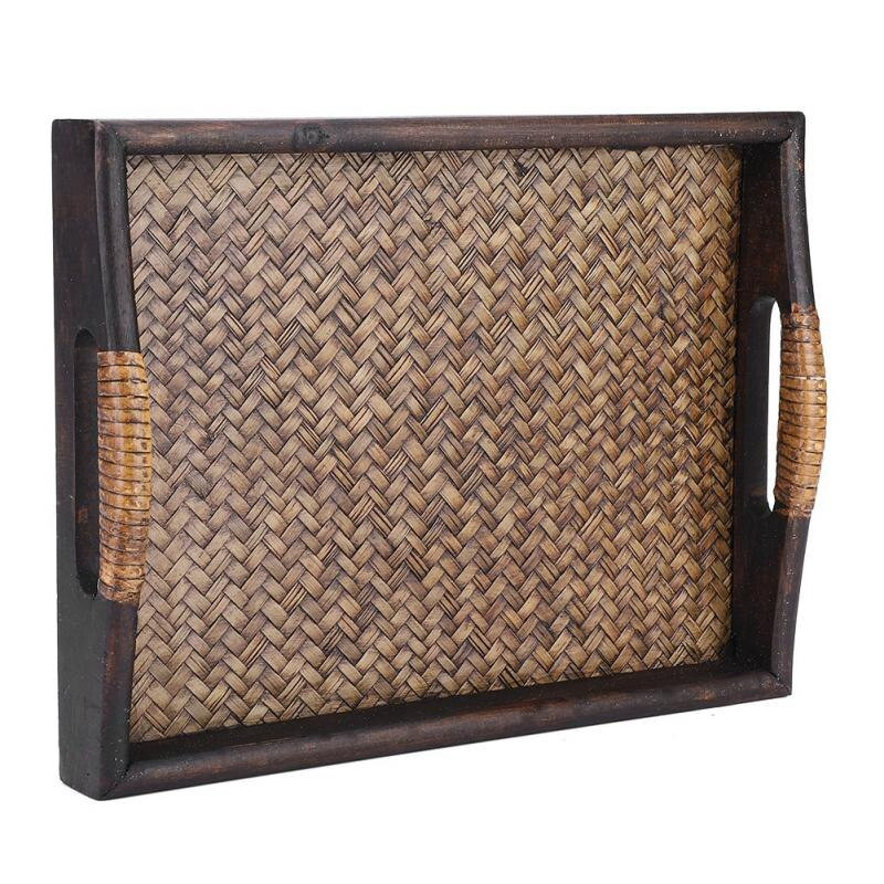 Tavi de servire din lemn multifunctionale cu maner dreptunghiulara lucrate manual din ratan Tavi pentru ceai/ulei pentru desert/cafea/fructe Farfurie 30.