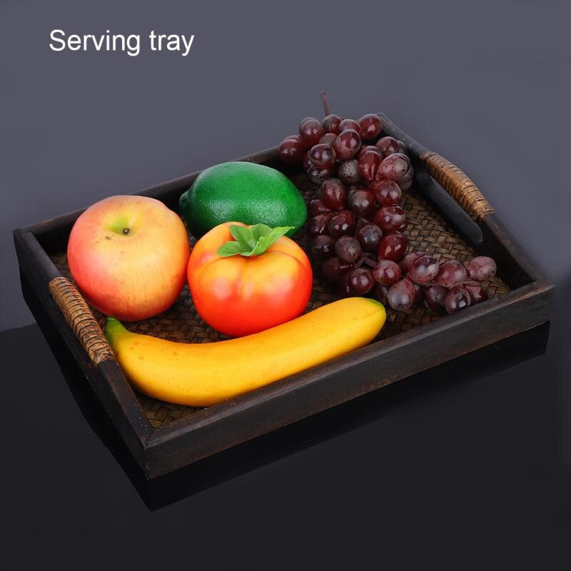 Tavi de servire din lemn multifunctionale cu maner dreptunghiulara lucrate manual din ratan Tavi pentru ceai/ulei pentru desert/cafea/fructe Farfurie 30.