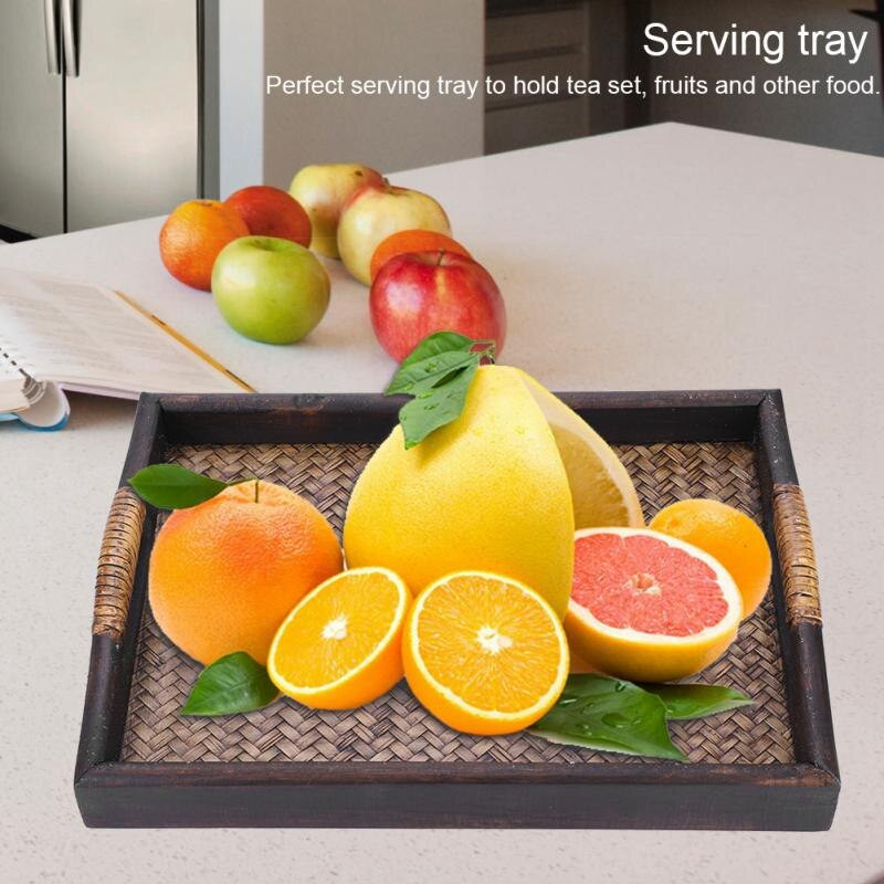 Tavi de servire din lemn multifunctionale cu maner dreptunghiulara lucrate manual din ratan Tavi pentru ceai/ulei pentru desert/cafea/fructe Farfurie 30.