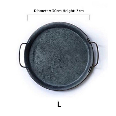 Europietiška retro metalinė lėkštė su rankenomis Rankų darbo apvali kaltinė vintažinė duonos padėklas Namų puošmena Sodo restoranas