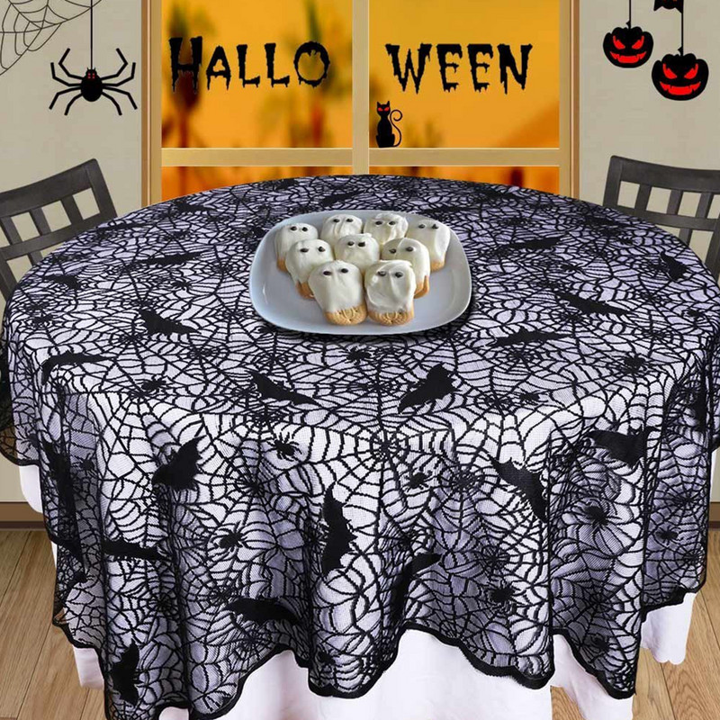 178 cm okrúhly obrus na Halloween, dekorácia z čipky, pavúk, netopier, obrus na Halloween, dekorácia domu, párty potreby, obrus na stôl s lebkou