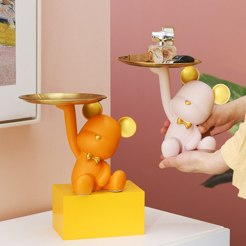 Luxusný úložný táck s medveďom, držiak na kľúče od auta Kawaii, držiak na jedlo, občerstvenie, ovocie, živicový táck, organizér na drobnosti, dekoratívne tácky, ozdoby na stôl