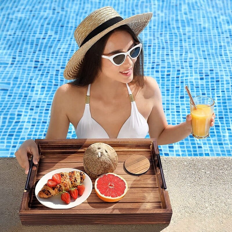 Osmanų padėklas su rankena svetainei, 4 natūralių medinių padėkliukų rinkinys, kaimiškas serviravimo padėklas kavos staliuko virtuvei