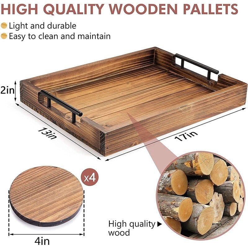 Osmanų padėklas su rankena svetainei, 4 natūralių medinių padėkliukų rinkinys, kaimiškas serviravimo padėklas kavos staliuko virtuvei