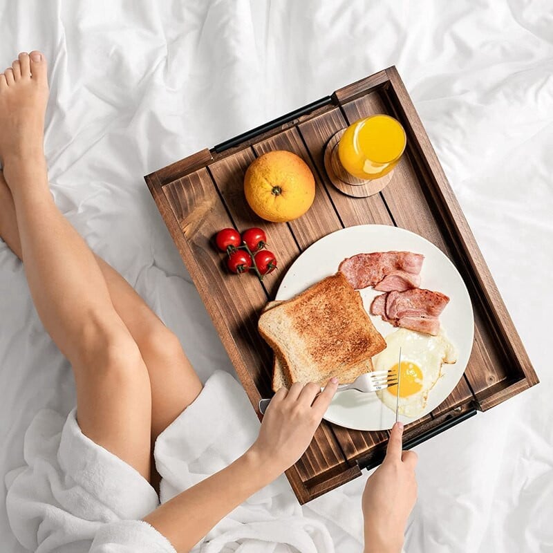 Osmanų padėklas su rankena svetainei, 4 natūralių medinių padėkliukų rinkinys, kaimiškas serviravimo padėklas kavos staliuko virtuvei