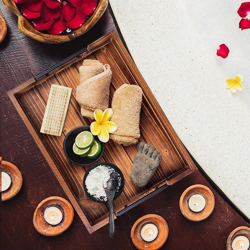 Osmanų padėklas su rankena svetainei, 4 natūralių medinių padėkliukų rinkinys, kaimiškas serviravimo padėklas kavos staliuko virtuvei