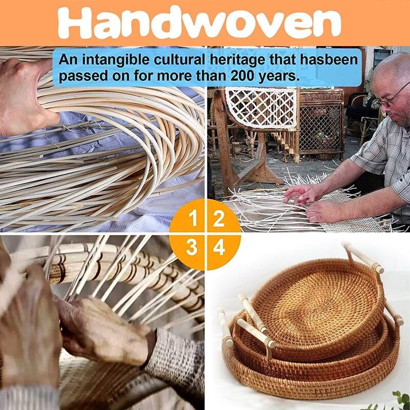 Rankų austo rotango laikymo padėklas su medine rankena Apvalus duonos krepšelis Vaisių pyragų lėkštė Maistas Kava Stalinio stalo dekoravimas Pinti padėklas